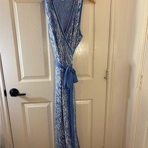 Diane Von Furstenberg Blue and White Sleeveless Wrap Midi Dress